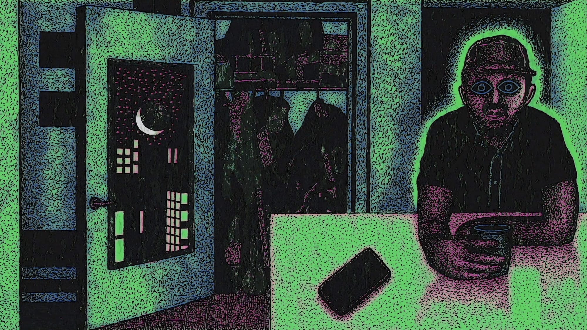 A still from a one-minute animation by Jake Fried of a man sitting at a table near his phone, with a window and the moon in the background