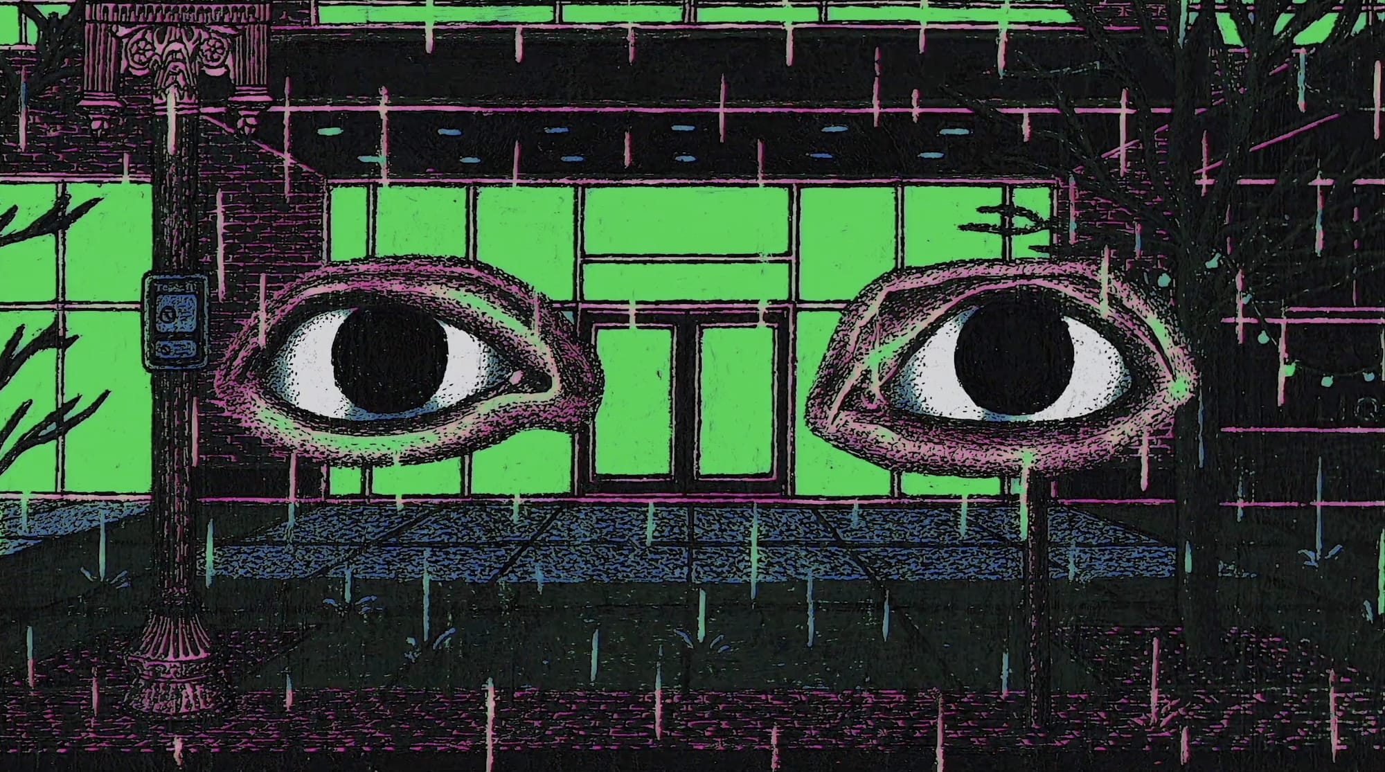 A still from a one-minute animation by Jake Fried of two eyes against a green-and-black background